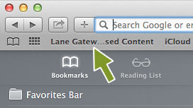 A screenshot of an arrow pointing to Lane Proxy Bookmarklet in the Bookmarks Bar